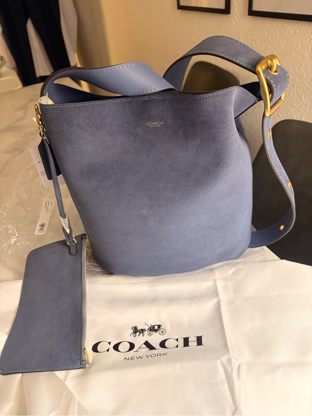 Brand New Coach Bleecker Bucket Bag in Light Denim Suede